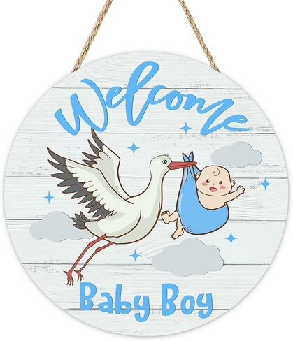 Bolisom Welcome Baby Girls Front Door Sign, Newborn Baby Shower Stork Wood Hanger Nursery Home Decor Gifts for New Dad Mom, Farmhouse Gender Reveal Party Wooden Wreath Indoor Wall Hanging Decoration in Saudi Arabia