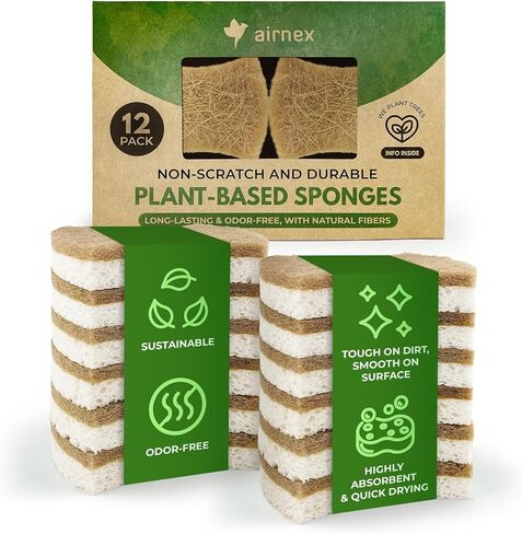 AIRNEX Natural Kitchen Sponges (12 Pack) - Biodegradable Cellulose & Coconut Scrubber Dish Sponge for Kitchen - Eco-Friendly, Non Scratch, Compostable, Non Toxic Natural Sponges for Dishes in Saudi Arabia
