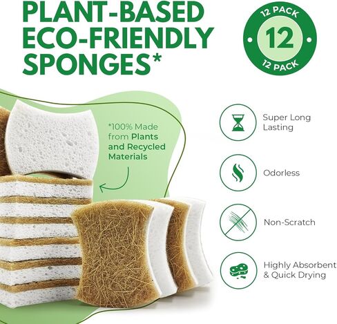 AIRNEX Natural Kitchen Sponges (12 Pack) - Biodegradable Cellulose & Coconut Scrubber Dish Sponge for Kitchen - Eco-Friendly, Non Scratch, Compostable, Non Toxic Natural Sponges for Dishes in Saudi Arabia