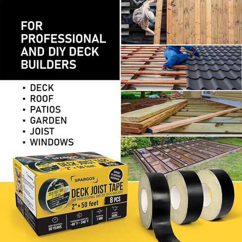 شريط SPARGOS Deck Joist للتزيين، 2 بوصة × 50 قدم، 8 عبوات - شريط وامض مقاوم للماء ذاتي اللصق، يحمي عوارض سطح السفينة من التعفن والتسوس، سهل الاستخدام in Kuwait