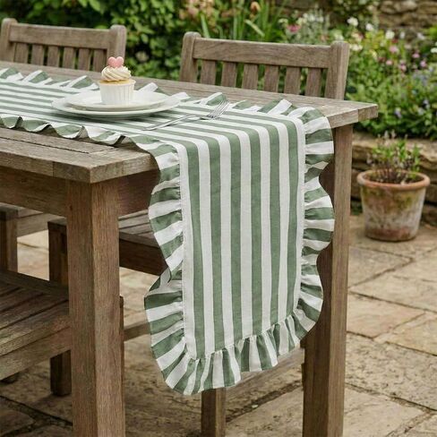 Tegeme Green and White Ruffle Table Runner 100% Cotton Table Runner for Home Dinner Birthday Party Decoration Baby Shower Dining Room Kitchen Decor (13"x72",Wide Stripes) in Saudi Arabia