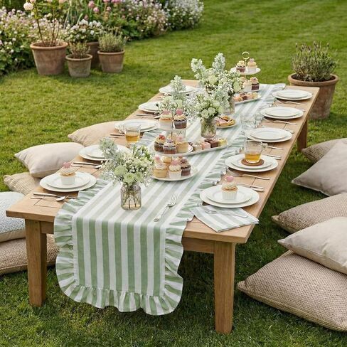 Tegeme Green and White Ruffle Table Runner 100% Cotton Table Runner for Home Dinner Birthday Party Decoration Baby Shower Dining Room Kitchen Decor (13"x72",Wide Stripes) in Saudi Arabia