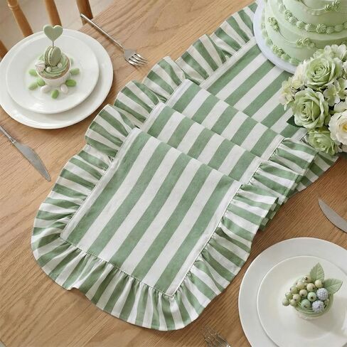 Tegeme Green and White Ruffle Table Runner 100% Cotton Table Runner for Home Dinner Birthday Party Decoration Baby Shower Dining Room Kitchen Decor (13"x72",Wide Stripes) in Saudi Arabia