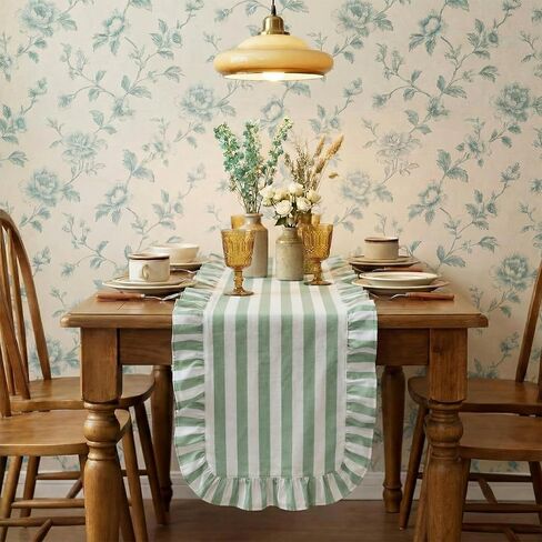Tegeme Green and White Ruffle Table Runner 100% Cotton Table Runner for Home Dinner Birthday Party Decoration Baby Shower Dining Room Kitchen Decor (13"x72",Wide Stripes) in Saudi Arabia