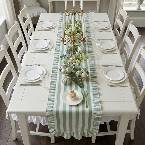 Tegeme Green and White Ruffle Table Runner 100% Cotton Table Runner for Home Dinner Birthday Party Decoration Baby Shower Dining Room Kitchen Decor (13"x72",Wide Stripes) in Saudi Arabia