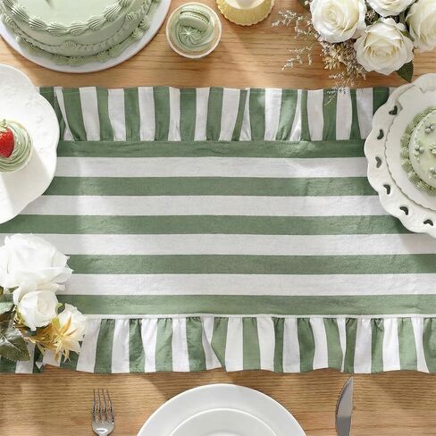 Tegeme Green and White Ruffle Table Runner 100% Cotton Table Runner for Home Dinner Birthday Party Decoration Baby Shower Dining Room Kitchen Decor (13"x72",Wide Stripes) in Saudi Arabia