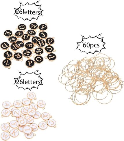 52 PCS Wine Glass Charms, Wine Charms for Stem Glasses Metal Drink Glass Identifiers Black & White Letter Beads Charm Enamel Initial Charm Drink Markers For Party Decorations Wines Cocktail in Saudi Arabia