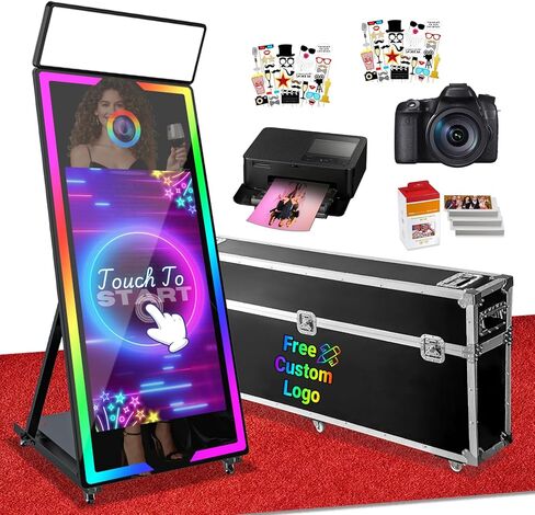 Magic Mirror Photo Booth with Camera and Printer,65-43" Mirror Photo Booth with Interactive Touch Screen,Square Fill Light,RGB Light,Flight Case,Instant Print and Share for Events Party(Black) in Saudi Arabia