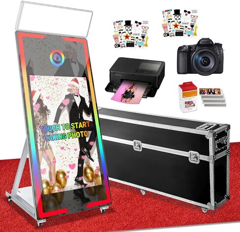 Magic Mirror Photo Booth with Camera and Printer,65-43" Mirror Photo Booth with Interactive Touch Screen,Square Fill Light,RGB Light,Flight Case,Instant Print and Share for Events Party(Black) in Saudi Arabia