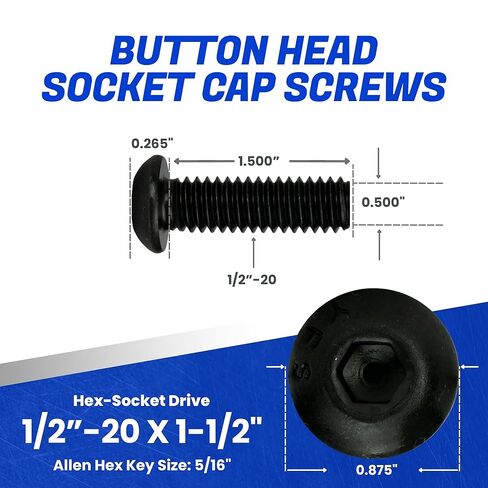 Fastenere Button Head Socket Cap Screws - 1/2-20 x 1-1/2" (5-Pcs) Alloy Steel, Fully Threaded, Fine Black Oxide Finish, Corrosion-Resistant, Machine Thread, Easy to Install w/Allen Hex Drive in Saudi Arabia