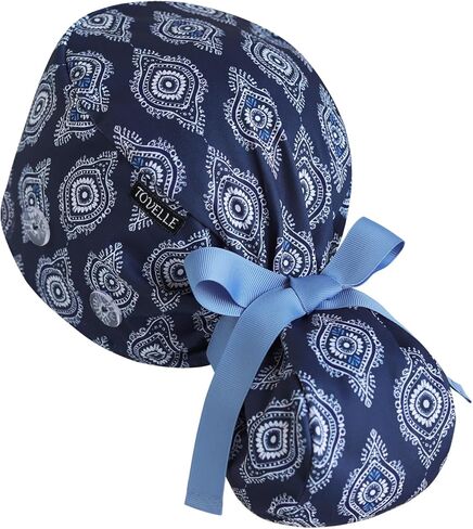 قبعة فرك ذيل حصان للنساء - قبعة جراحية من البلاط الهندسي البحري مع أزرار، وعصابة رأس وطباعة على الوجهين، وقبعة جراحية قابلة للتعديل للنساء لتأمين الشعر الطويل وتساعد على تقليل تراكم الكهرباء الساكنة in Kuwait