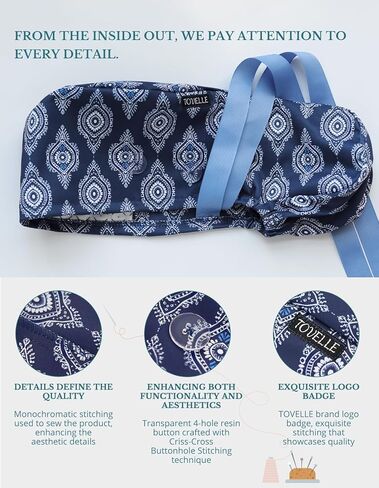 قبعة فرك ذيل حصان للنساء - قبعة جراحية من البلاط الهندسي البحري مع أزرار، وعصابة رأس وطباعة على الوجهين، وقبعة جراحية قابلة للتعديل للنساء لتأمين الشعر الطويل وتساعد على تقليل تراكم الكهرباء الساكنة in Kuwait