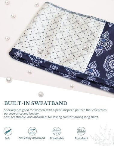 قبعة فرك ذيل حصان للنساء - قبعة جراحية من البلاط الهندسي البحري مع أزرار، وعصابة رأس وطباعة على الوجهين، وقبعة جراحية قابلة للتعديل للنساء لتأمين الشعر الطويل وتساعد على تقليل تراكم الكهرباء الساكنة in Kuwait