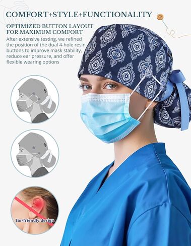 قبعة فرك ذيل حصان للنساء - قبعة جراحية من البلاط الهندسي البحري مع أزرار، وعصابة رأس وطباعة على الوجهين، وقبعة جراحية قابلة للتعديل للنساء لتأمين الشعر الطويل وتساعد على تقليل تراكم الكهرباء الساكنة in Kuwait