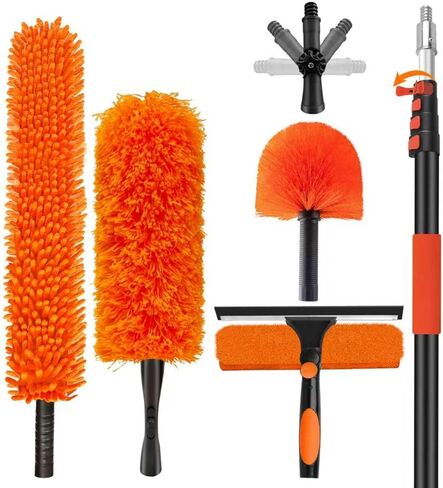 26FT High Reach Duster Cleaning Kit with 20FT Pole | 4-in-1 Tool Set with Universal Swivel Joint | High Ceiling Fan Cleaner, Microfiber Duster & Window Squeegee for Safe High-Reach Cleaning in Saudi Arabia