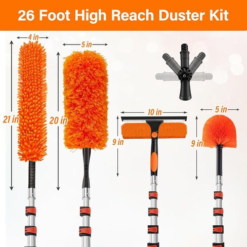 26FT High Reach Duster Cleaning Kit with 20FT Pole | 4-in-1 Tool Set with Universal Swivel Joint | High Ceiling Fan Cleaner, Microfiber Duster & Window Squeegee for Safe High-Reach Cleaning in Saudi Arabia
