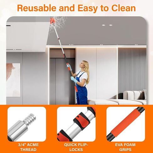 26FT High Reach Duster Cleaning Kit with 20FT Pole | 4-in-1 Tool Set with Universal Swivel Joint | High Ceiling Fan Cleaner, Microfiber Duster & Window Squeegee for Safe High-Reach Cleaning in Saudi Arabia