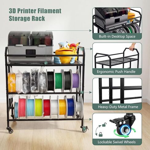 3D Printer Filament Storage Rack 3 Tiers Heavy Duty Metal Filament Spool Holder Holds 36 Spools Sturdy Rolling Filament Shelf with Wheels Easy Assembly Space-Saving for Home Office Workshop Black in Saudi Arabia