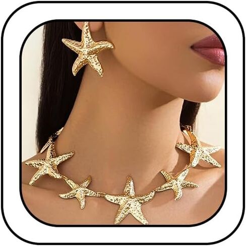 Douxsu Chunky Gold Sea Star Starfish Drop Earrings Beachy Choker Necklaces for Women, Charm Large Silver Star Earring Necklace Beach Vacation Party Jewelry Set in Saudi Arabia