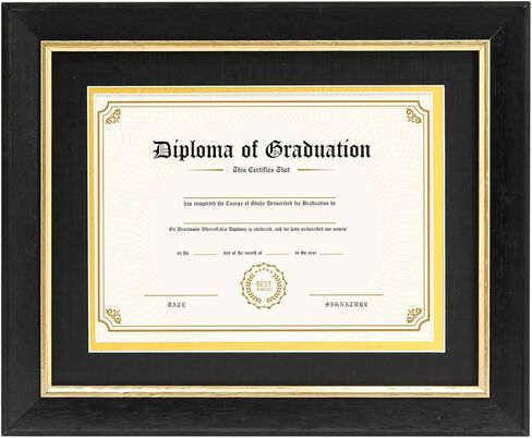 8.5x11 Diploma Frame with Black over Gold Mat, 11x14 Certificate Frame, Real Wood with Gold Trim, Brown Frame with Tempered Glass in Kuwait