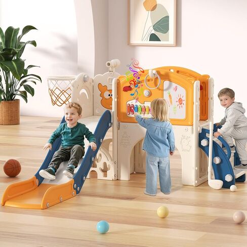 BIERUM Toddler Slide Set, 13 in 1 Kids Indoor Slide for Toddler 1-3, Indoor Outdoor Toddler Slide Playset with Basketball Hoop, Golf Game & Drawing Board, Baby Indoor Slide Playground, Blue&Yellow in Saudi Arabia