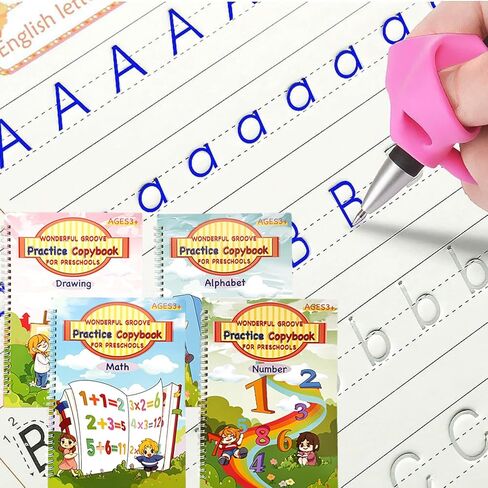 4 PC Magic Grooved Practice Copybook ، كتب كتابة مصابة بإعادة الاستخدام ، وممارسة كتاب الكتابة اليدوية للأطفال ، والأطفال المصابين بكتابة مرحلة ما قبل المدرسة للأطفال الذين تتراوح أعمارهم بين 3-8 خط. in Kuwait