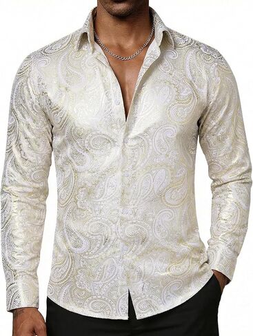 DiBanGu Mens Paisley Dress Shirt Luxury Printed Long Sleeve Button Down Shirts Regular Fit Shiny Shirts for Wedding Prom in Saudi Arabia