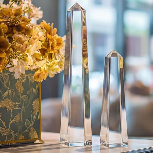 Novabright Crystal Obelisk Towers - 2 Pcs 9.25 Inch & 6.18 Inch Optical Crystal Decoration Set, Ideal for Farmhouse, Modern, and Home Decor for Mantel, Vanity, Side Table, Shelf, and Office Styling in Saudi Arabia