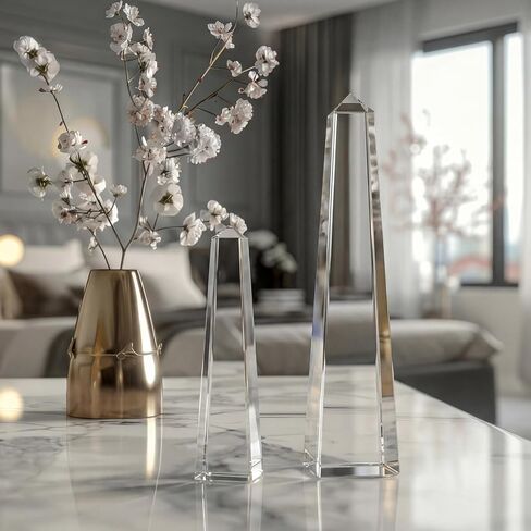 Novabright Crystal Obelisk Towers - 2 Pcs 9.25 Inch & 6.18 Inch Optical Crystal Decoration Set, Ideal for Farmhouse, Modern, and Home Decor for Mantel, Vanity, Side Table, Shelf, and Office Styling in Saudi Arabia