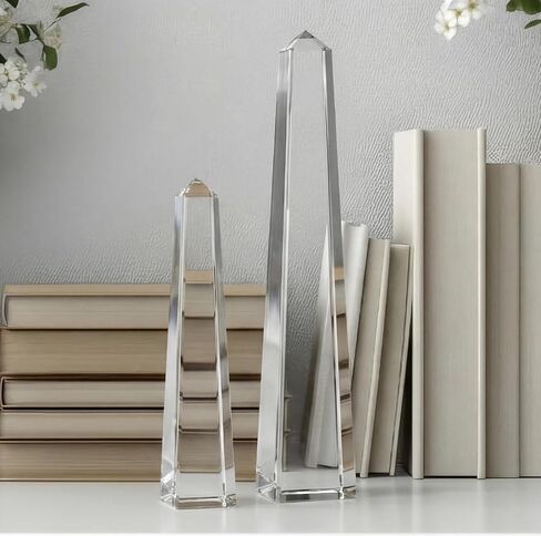 Novabright Crystal Obelisk Towers - 2 Pcs 9.25 Inch & 6.18 Inch Optical Crystal Decoration Set, Ideal for Farmhouse, Modern, and Home Decor for Mantel, Vanity, Side Table, Shelf, and Office Styling in Saudi Arabia