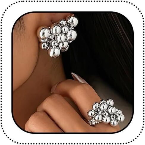 DZSYJKTM Chunky Gold Cluster Beads Jewelry Set for Women Vintage Geometric Formal Beaded Dangle Earrings Fashion Irregular Round Balls Open Knuckle Rings Sets in Saudi Arabia