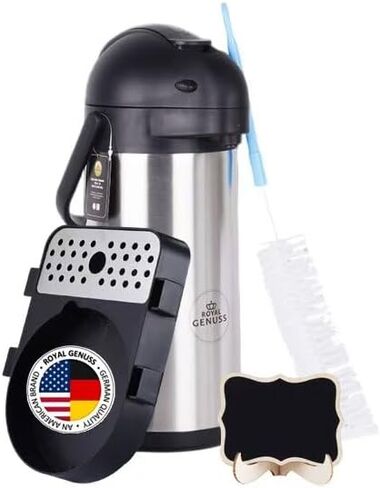 Airpot Coffee Dispenser 102 oz (3L) with Pump, Drip Tray and Cleaning Brush - Stainless Steel Insulated Carafe - 24 Hour Heat Retention - 36 Hour Cold Retention - 2 Gifts are included in Saudi Arabia