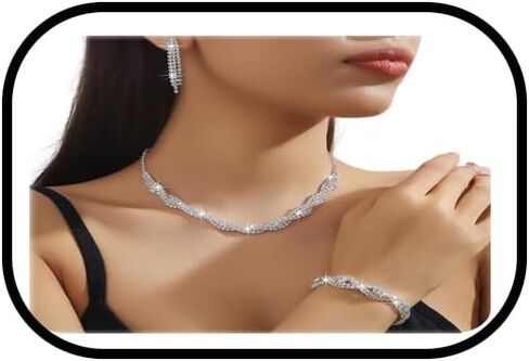 3PCS Prom Earrings Necklace Bracelet Set Sparkling Rhinestone Crystal Necklace Bracelet Dangle Earring Brides Bridesmaids Silver Jewelry Set Wedding Banquet Party Dance Dress Jewelry Set for Women in Saudi Arabia