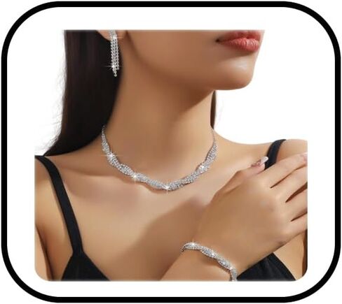3PCS Prom Earrings Necklace Bracelet Set Sparkling Rhinestone Crystal Necklace Bracelet Dangle Earring Brides Bridesmaids Silver Jewelry Set Wedding Banquet Party Dance Dress Jewelry Set for Women in Saudi Arabia