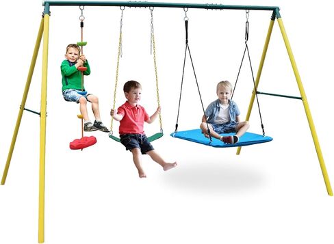 3 in 1 Swing Set and Climbing Rope for Kids Backyard Outdoor A-Frame Heavy-Duty Metal Swing Sets with Slide in Saudi Arabia