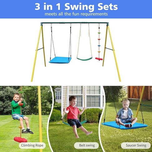 3 in 1 Swing Set and Climbing Rope for Kids Backyard Outdoor A-Frame Heavy-Duty Metal Swing Sets with Slide in Saudi Arabia