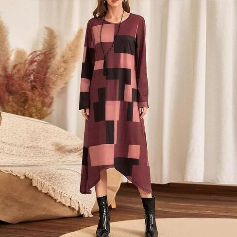 فستان نسائي للربيع والخريف بأكمام طويلة وقصة مستقيمة، متعدد الاستخدامات، طباعة منقوشة، رقبة دائرية، فستان فضفاض مناسب in Kuwait