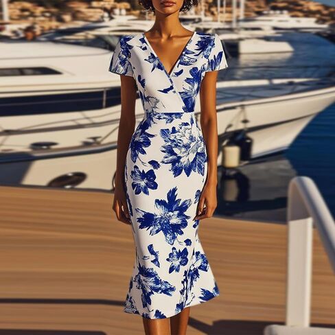 Women's Floral Print Summer Dress,Form-Fitting V-Neck Mermaid Dress in Saudi Arabia