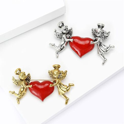 RLHRNDE Valentine's Day Brooch For Women Men Vintage Gold Silver Two Cupid Angel Love Brooch Elegant Red Love-Heart Enamel Pin Wedding Art Deco Birthday Anniversary Valentines Day Gift in Saudi Arabia