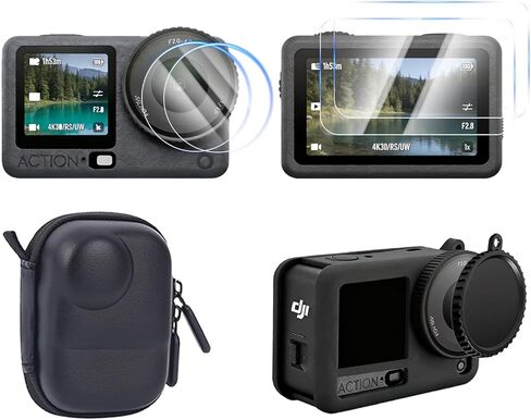 7-in-1 Accessories Kit for DJI Osmo Action 6, Included 2 Pack 9H Hardness Tempered Glass, Carrying Portable Storage Case with Carabiner Clip, Black Silicone Case (Black) in Kuwait