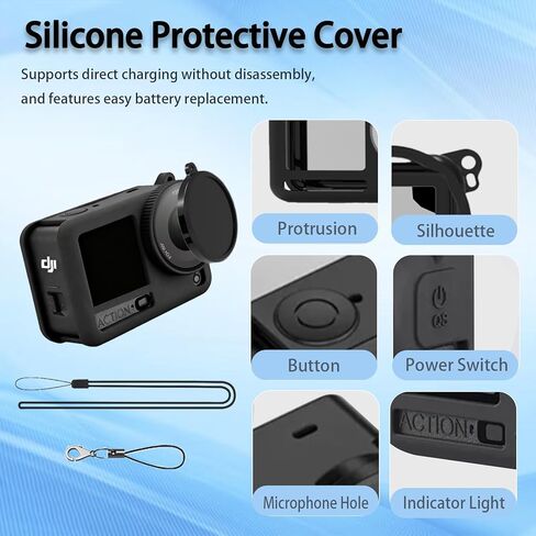 7-in-1 Accessories Kit for DJI Osmo Action 6, Included 2 Pack 9H Hardness Tempered Glass, Carrying Portable Storage Case with Carabiner Clip, Black Silicone Case (Black) in Kuwait