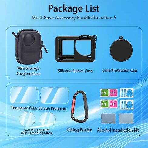 7-in-1 Accessories Kit for DJI Osmo Action 6, Included 2 Pack 9H Hardness Tempered Glass, Carrying Portable Storage Case with Carabiner Clip, Black Silicone Case (Black) in Kuwait