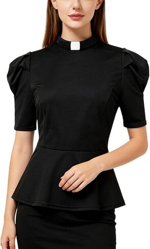 Womens Church Clergy Shirt Tab Collar Box Pleated Gigot Sleeves Ruffle Blouse Top in Saudi Arabia