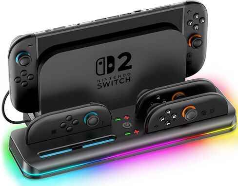 محطة شحن Switch 2/1 متوافقة مع وحدة تحكم Joycon 1/2، شاحن وحدة تحكم Switch 2، قاعدة شحن Joycon، ملحقات الألعاب مع 9 أوضاع إضاءة RGB للعبة sega Game Gear in Saudi Arabia