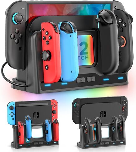 محطة شحن Switch 2/1 متوافقة مع وحدة تحكم Joycon 1/2، شاحن وحدة تحكم Switch 2، قاعدة شحن Joycon، ملحقات الألعاب مع 9 أوضاع إضاءة RGB للعبة sega Game Gear in Kuwait