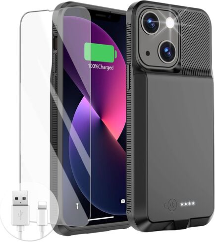 GIN FOXI Battery Case for iPhone 13/13 Pro/14/14 Pro, Charging Case Real 7000mAh Rechargeable Charger Cover Anti-Fall Protection Ultra-Slim Extended Battery Pack Juice Box, 6.1" (Black) in Kuwait