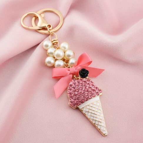 MyfavoriteK Ice Cream Keychain Charm with Pearls Elegant Chic Key Chain Accessory Charm for Purse Bags Cute Keychain in Saudi Arabia