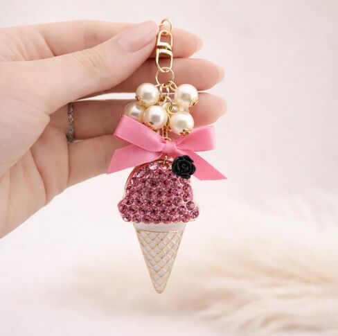 MyfavoriteK Ice Cream Keychain Charm with Pearls Elegant Chic Key Chain Accessory Charm for Purse Bags Cute Keychain in Saudi Arabia