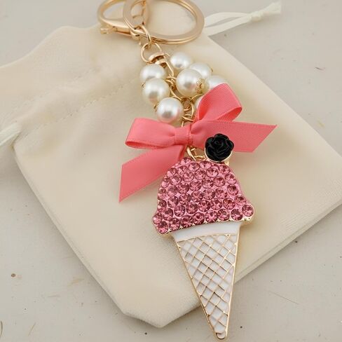 MyfavoriteK Ice Cream Keychain Charm with Pearls Elegant Chic Key Chain Accessory Charm for Purse Bags Cute Keychain in Saudi Arabia