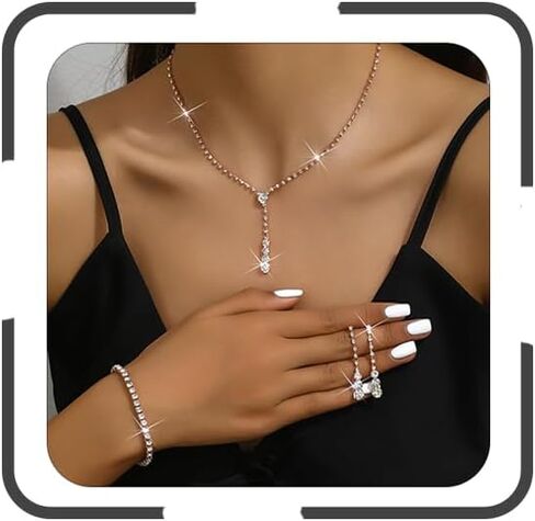 مجموعة مجوهرات Bike8 الذهبية للحفلات الراقصة والفضة اللامعة للحفلات الراقصة وقلادة من حجر الراين وأقراط وسوار وحفلات الزفاف وحفلات الزفاف مجموعات مجوهرات للنساء in Kuwait